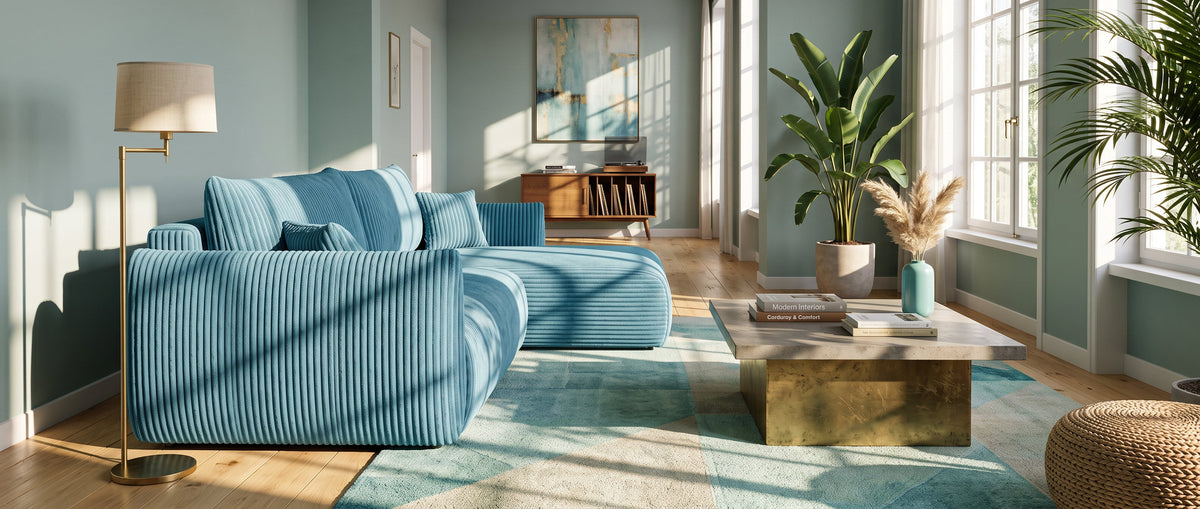 Bright living room with a light blue Alloro corner sofa, a coffee table, plants and large windows letting in natural light