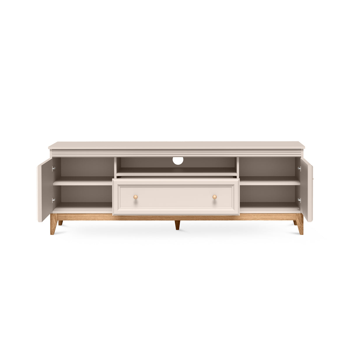 Szafka RTV Serena 179x62 z frezowanymi frontami w stylu modern classic – z otwartymi frontami