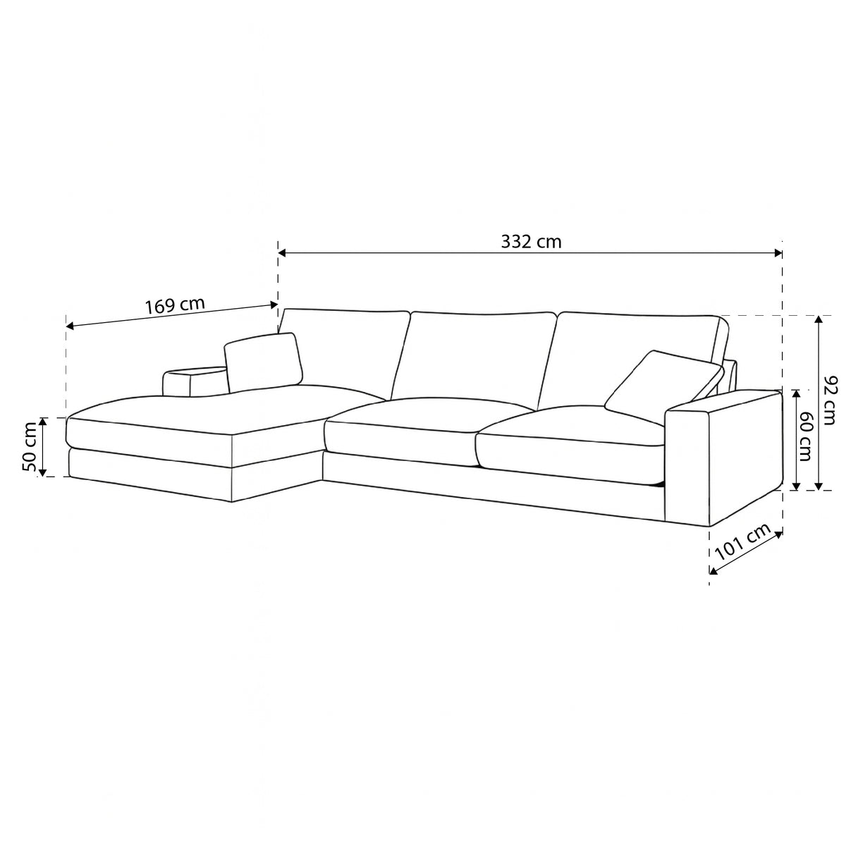 Narożnik Harvesty 4–5 osobowy Premium w stylu minimalistycznym – rysunek z wymiarami