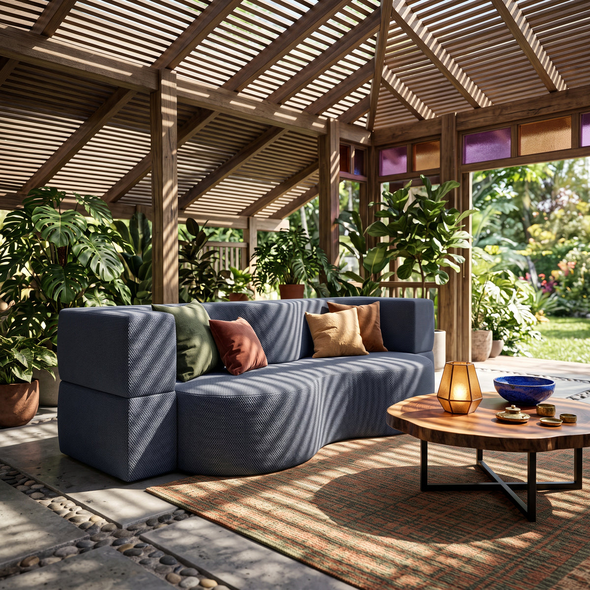 Kamelia Outdoor Foam Sofa Bed in Modern Style with Organic Form in Harris Outdoor Fabric – in a room setting