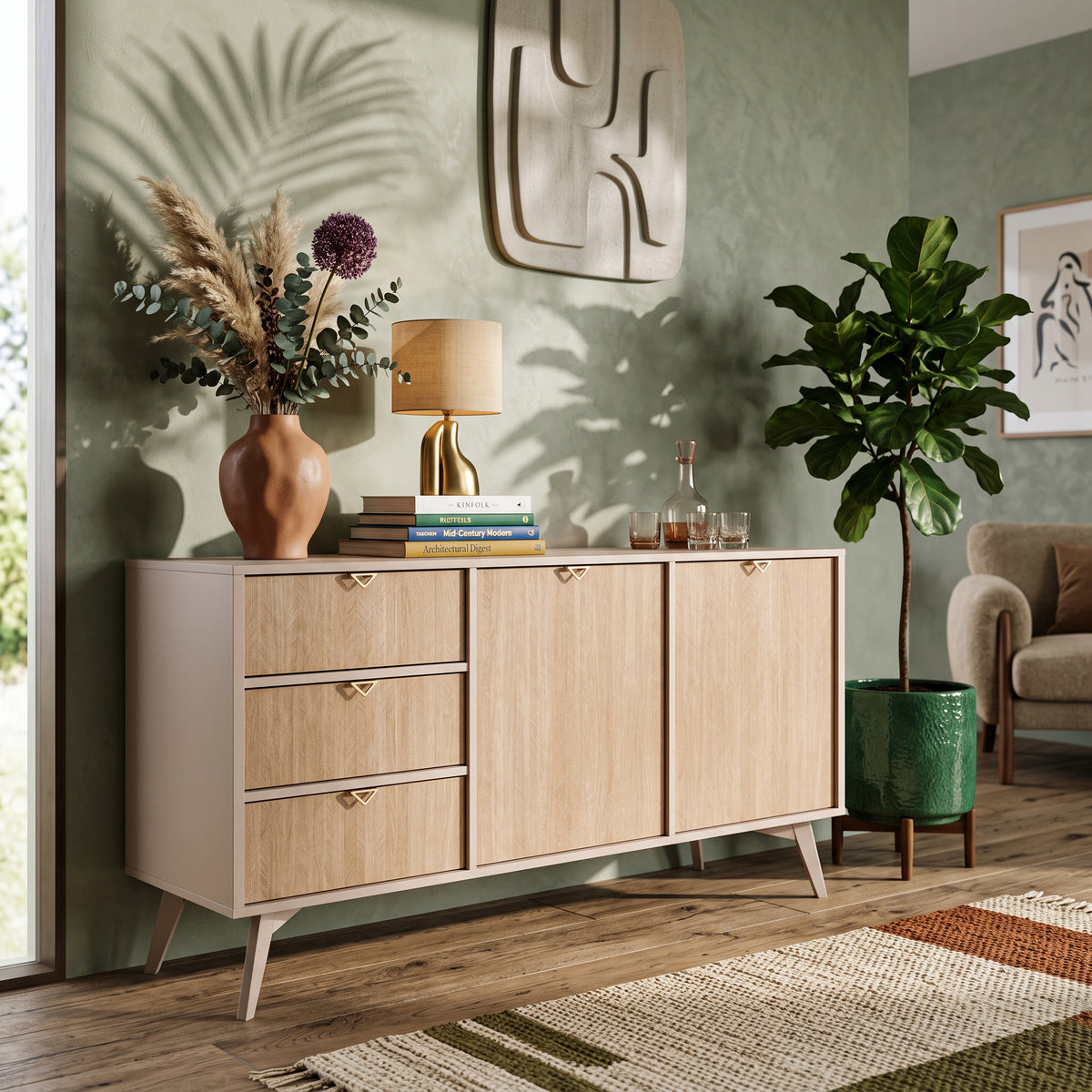 Komoda Mandala 158x80 z szufladami i szafkami w stylu japandi – w aranżacji wnętrza