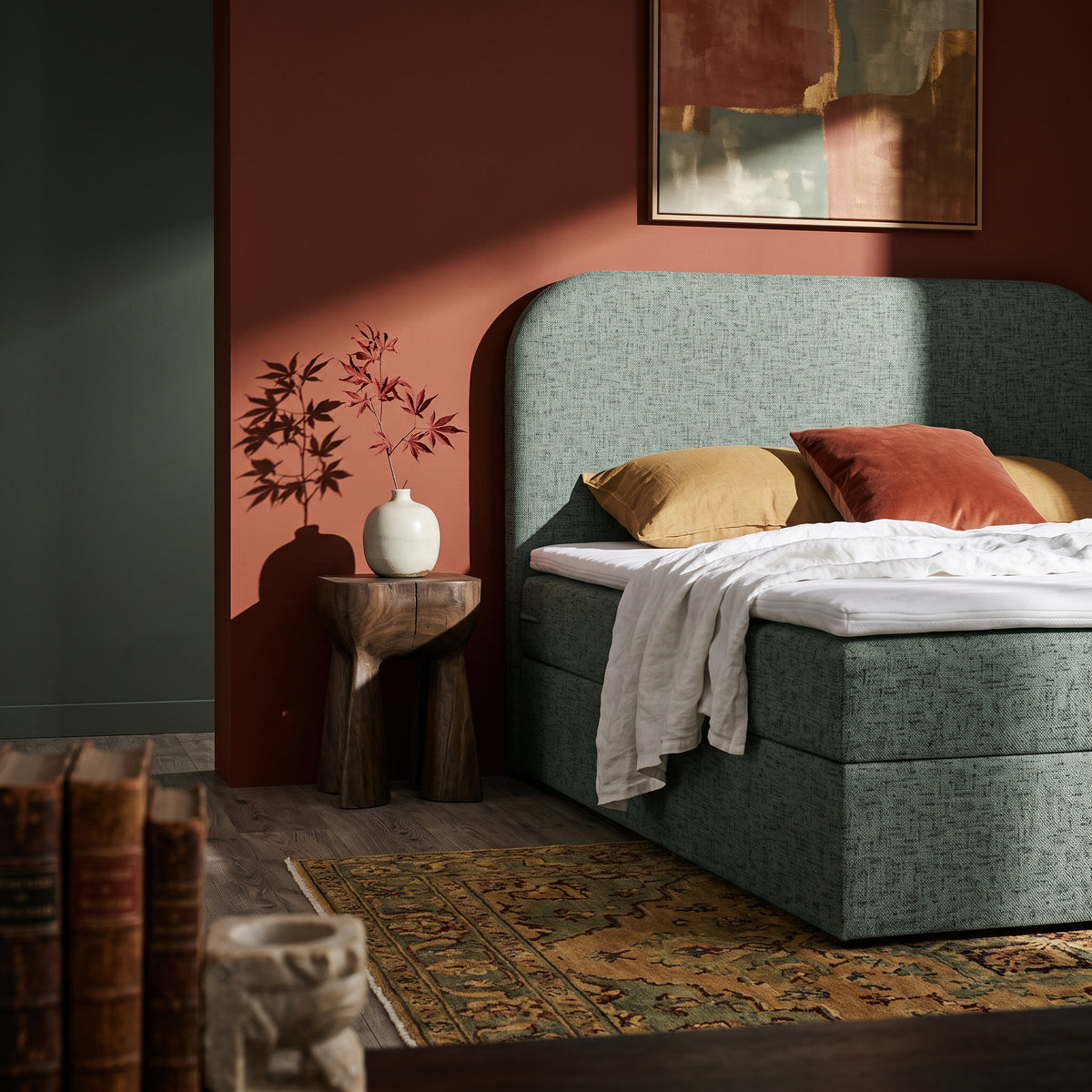 Gory Continental Divan Bed with Storage 140x200, 160x200 and 180x200, Minimalist Style – in a room setting