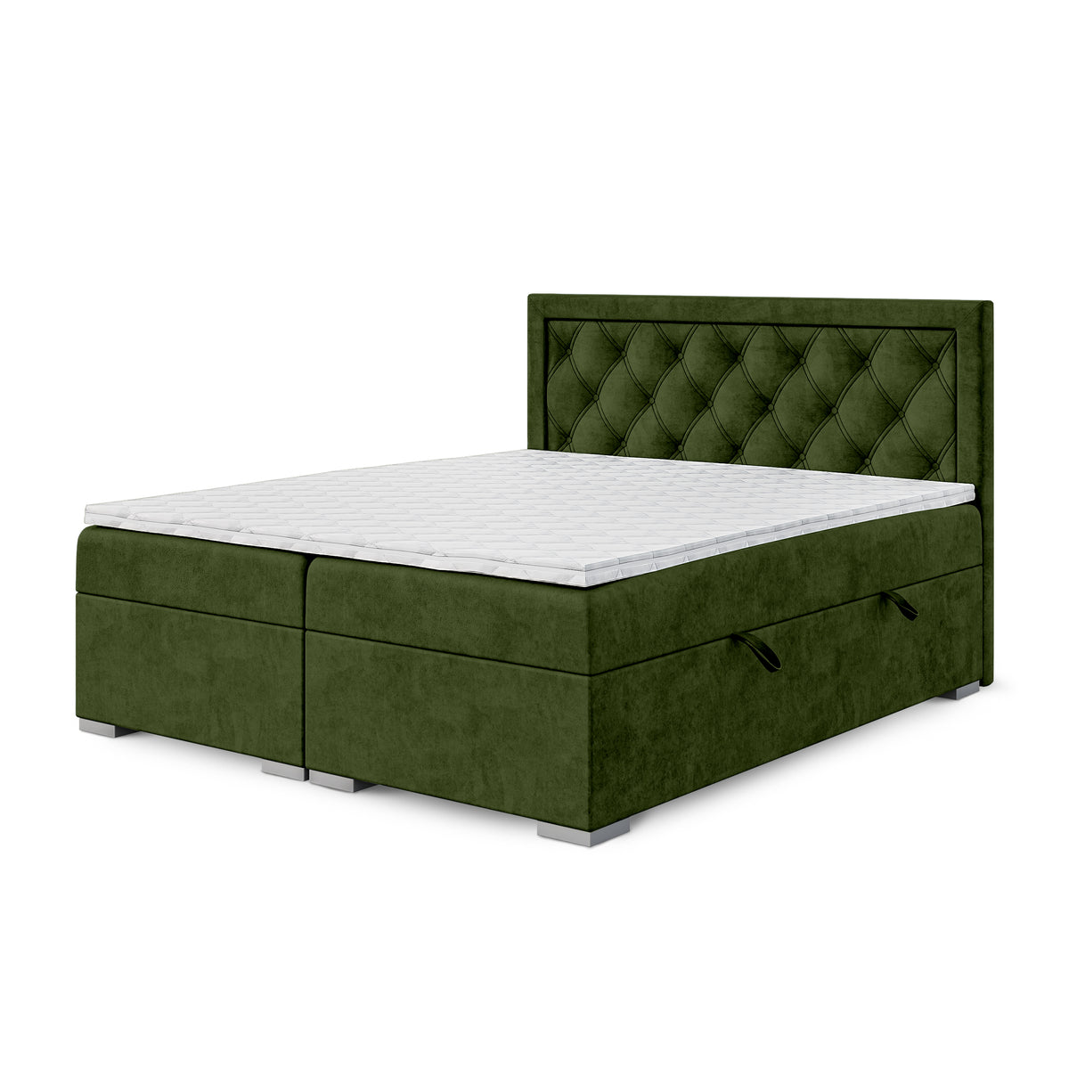 Łóżko kontynentalne pikowane w romby z dwoma pojemnikami w stylu glamour | Santia 180x200 Leśny Mech (MAGIC VELVET 2295)