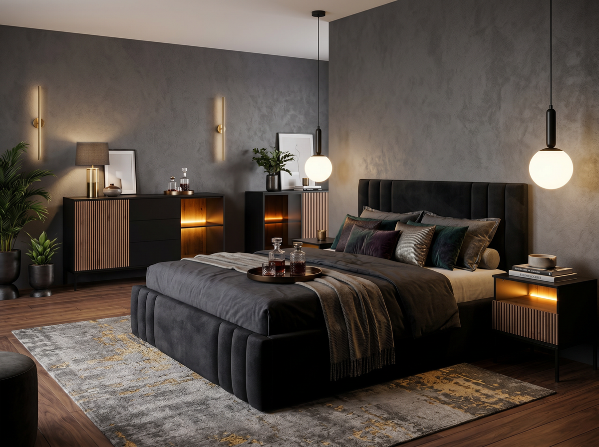 Elegancka sypialnia z ciemnym tapicerowanym łóżkiem Falda, czarną komodą i szafką nocną Lampy z drewnianymi lamelami oraz kulistymi lampami wiszącymi Obal