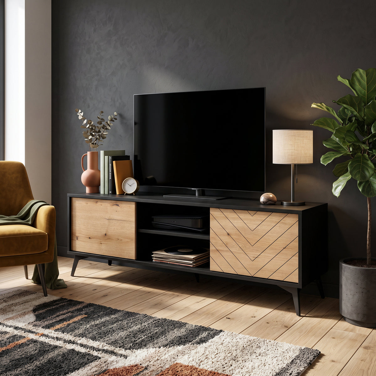 Szafka RTV pod telewizor Nirwana 154x50 w stylu nowoczesnym – w aranżacji wnętrza