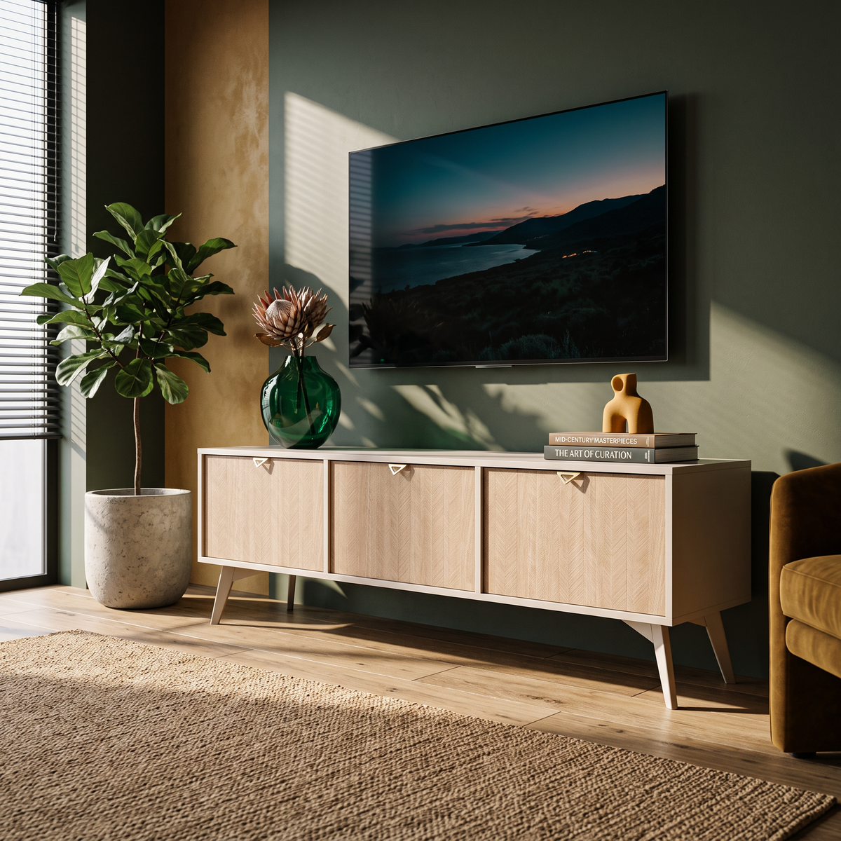 Szafka RTV pod telewizor Mandala 158x52 w stylu boho – w aranżacji wnętrza