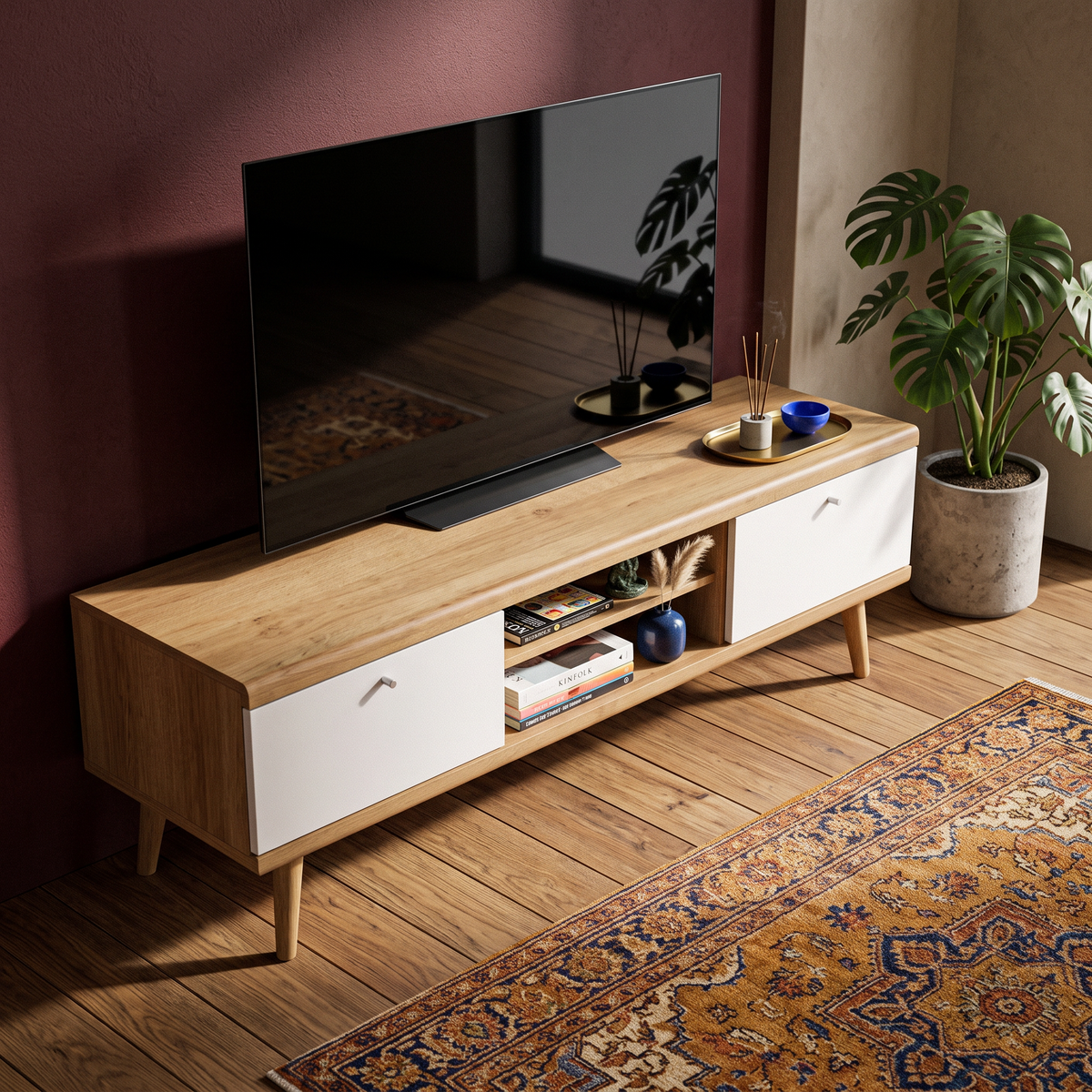 Szafka RTV pod telewizor Lato 160x50 w stylu skandynawskim – w aranżacji wnętrza