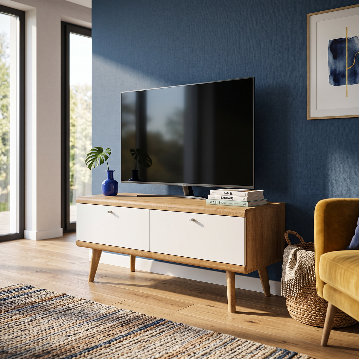 Szafka RTV Lato pod telewizor 107x50 w stylu skandynawskim – w aranżacji wnętrza