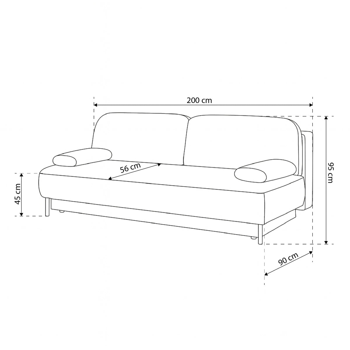 Sofa Tola 2-osobowa z funkcją spania 140x200 z pojemnikiem w stylu nowoczesnym – rysunek z wymiarami