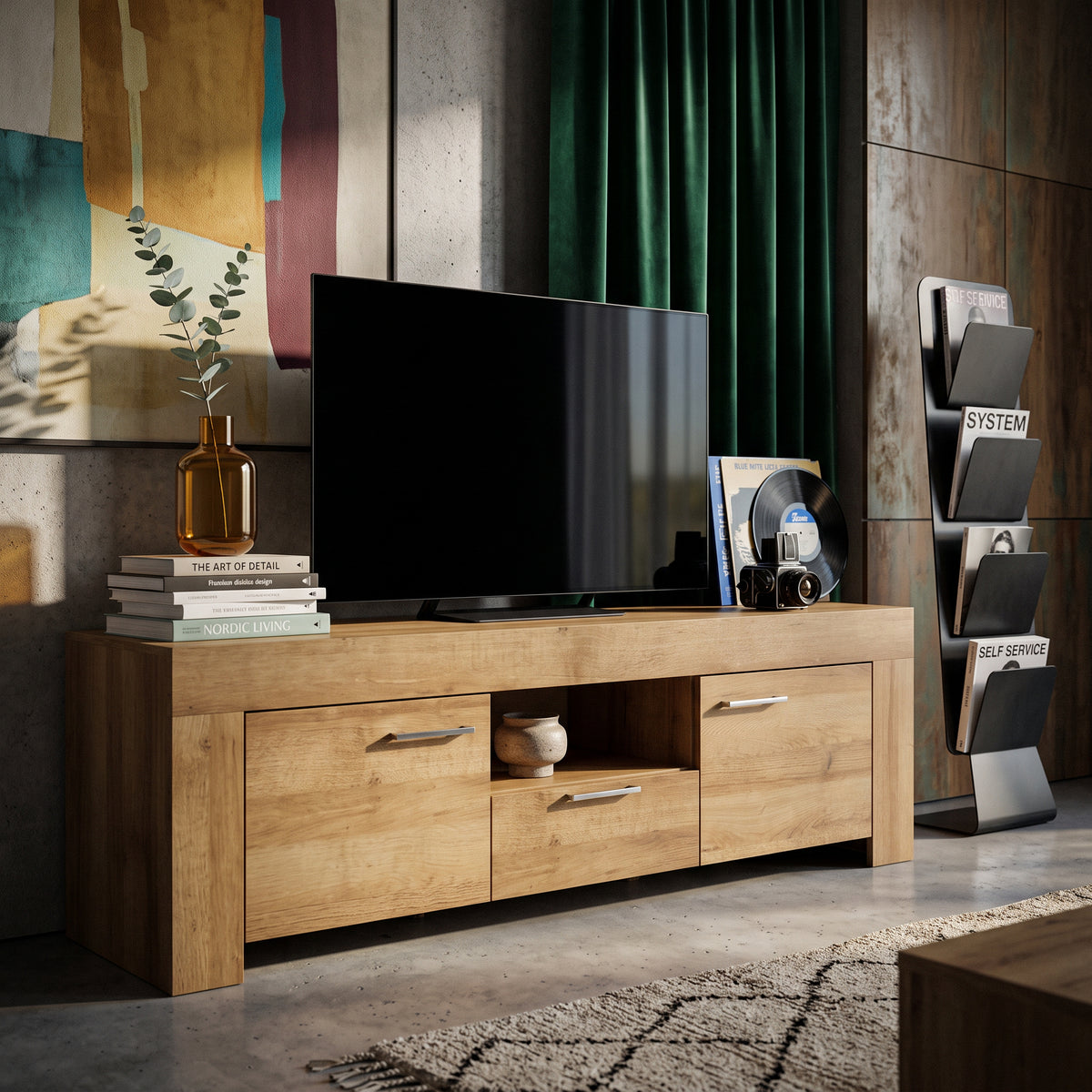 Zestaw RTV z półką 155x50+155x20 w stylu nowoczesnym – model Gorky – w aranżacji wnętrza