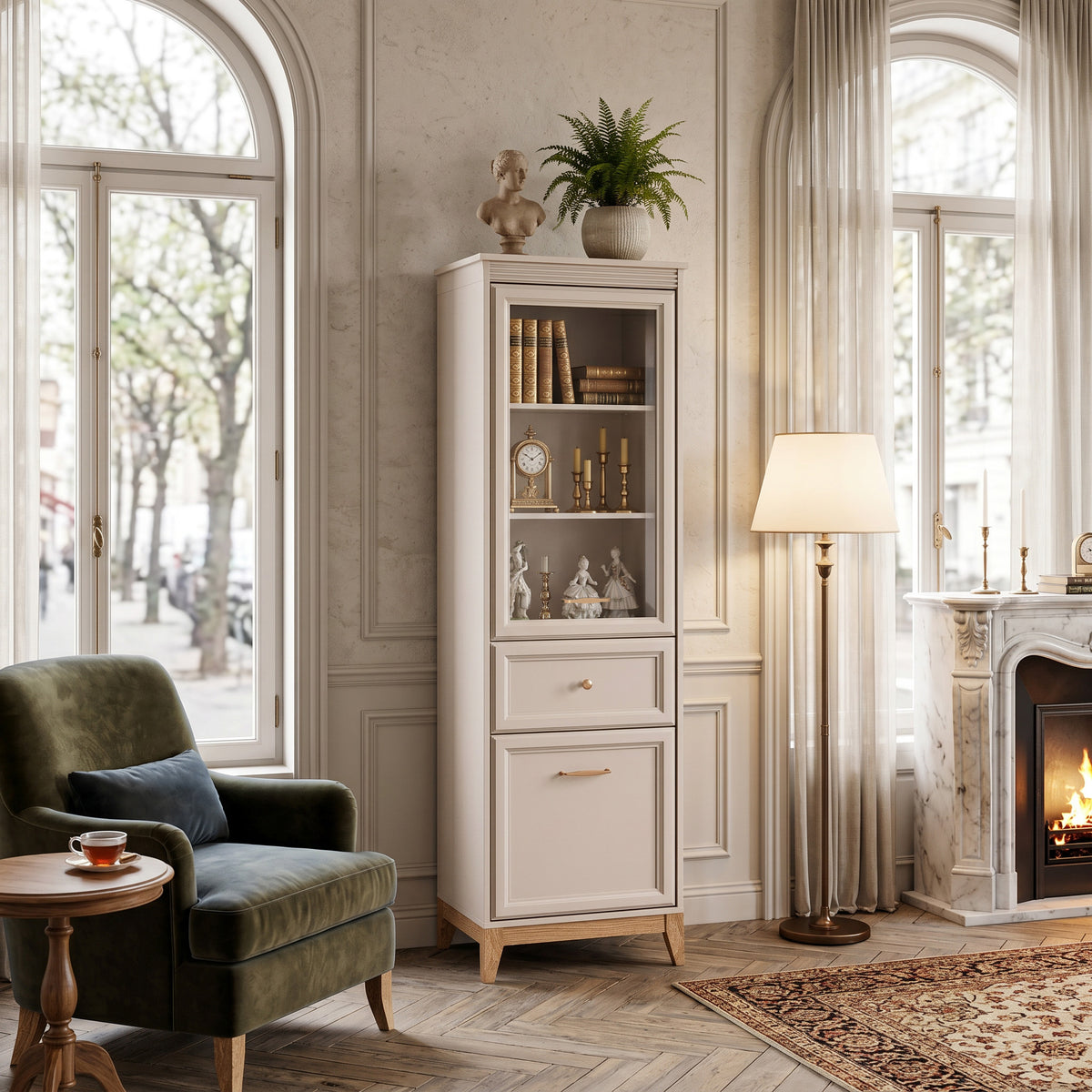 Witryna do salonu Serena 55x193 przeszklona w stylu modern classic – w aranżacji wnętrza