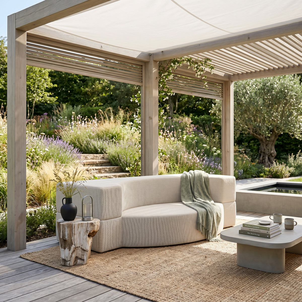Sofa Lunaria ogrodowa piankowa 200x100x70 cm w stylu japandi, tkanina outdoorowa Harris – w aranżacji wnętrza