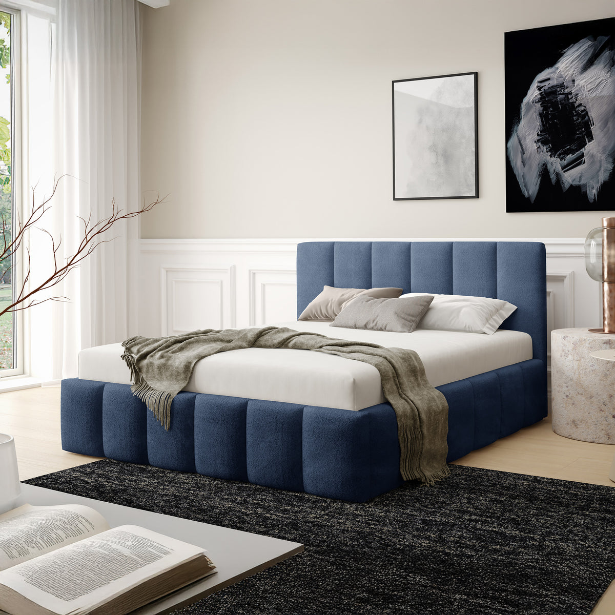 Łóżko tapicerowane Nerom 140x200, 160x200 i 180x200 pikowane z pojemnikiem w stylu eleganckim, tkanina Coral – w aranżacji wnętrza