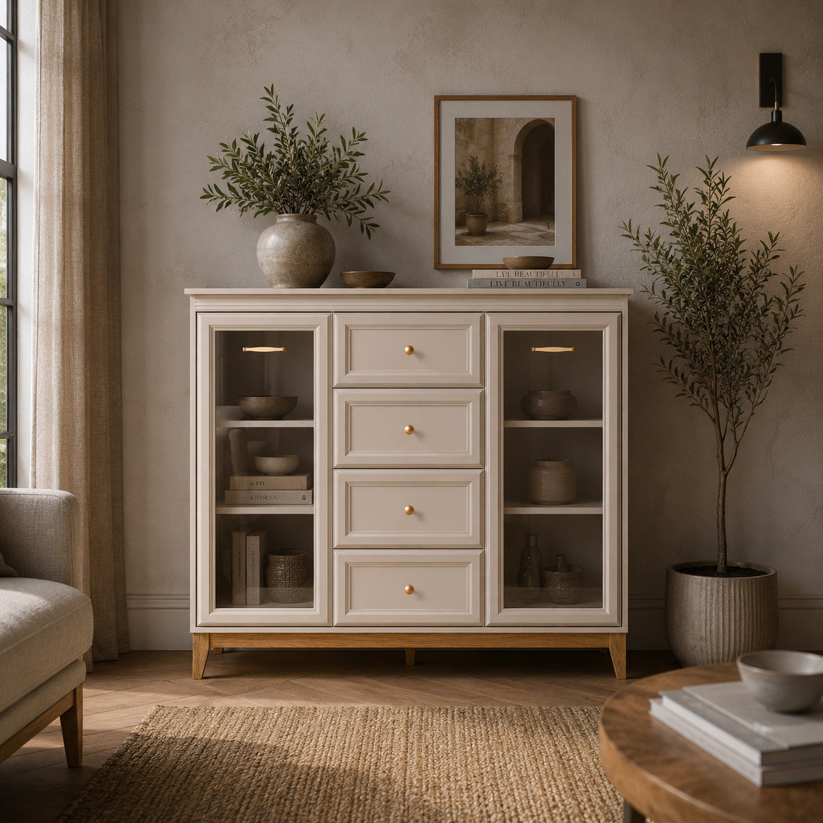 Witryna do salonu Serena 142x126 z przeszkleniem i szufladami w stylu modern classic – w aranżacji wnętrza
