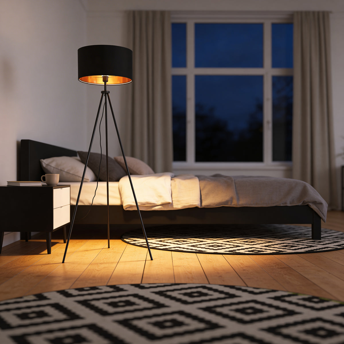 Lampa Aureno podłogowa na trójnogu z abażurem w stylu eleganckim – w aranżacji wnętrza