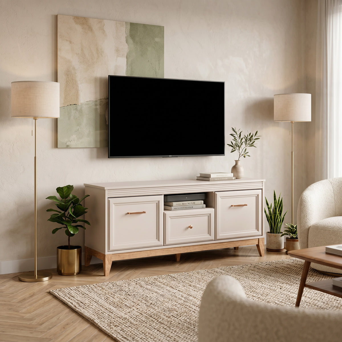 Szafka RTV pod telewizor Serena 136x62 z frezowanymi frontami w stylu modern classic – w aranżacji wnętrza