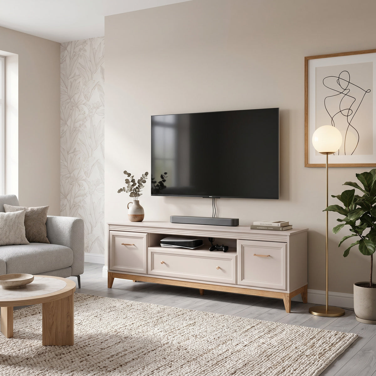 Serena TV Unit / TV Stand 179x62 with Fluted Fronts, Modern Classic Style – in a room setting