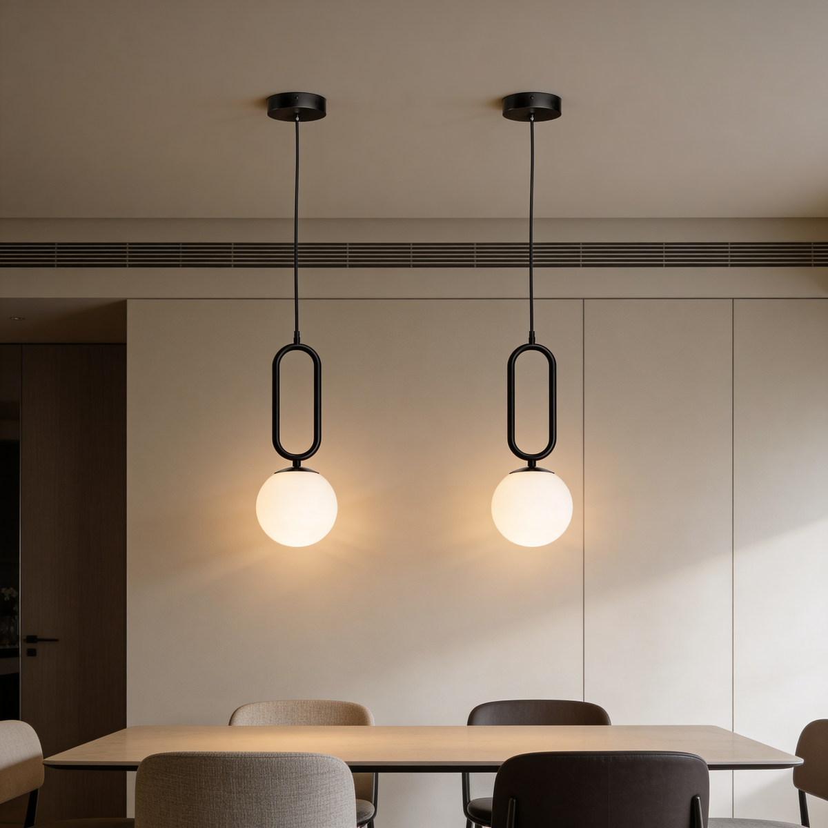Obal Pendant Lamp with Spherical Shade and Black Frame, Loft Style – in a room setting