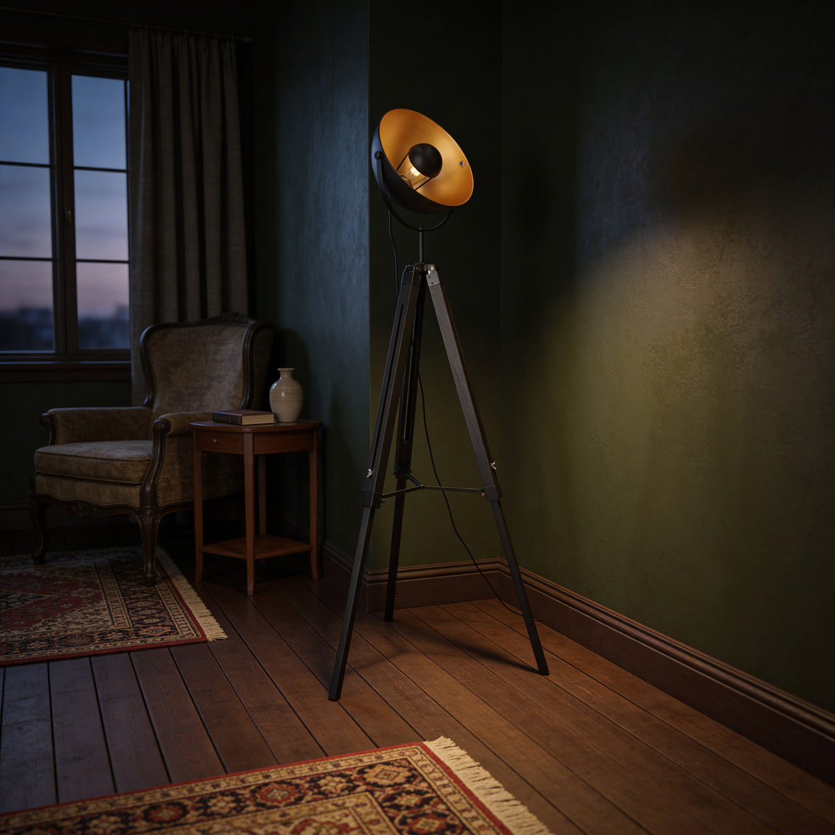 Lampa Reflecto podłogowa reflektor na trójnogu w stylu retro – w aranżacji wnętrza