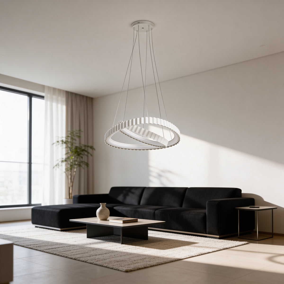 Lampa Rinoria wisząca LED z dekoracyjnymi pierścieniami w stylu nowoczesnym – w aranżacji wnętrza