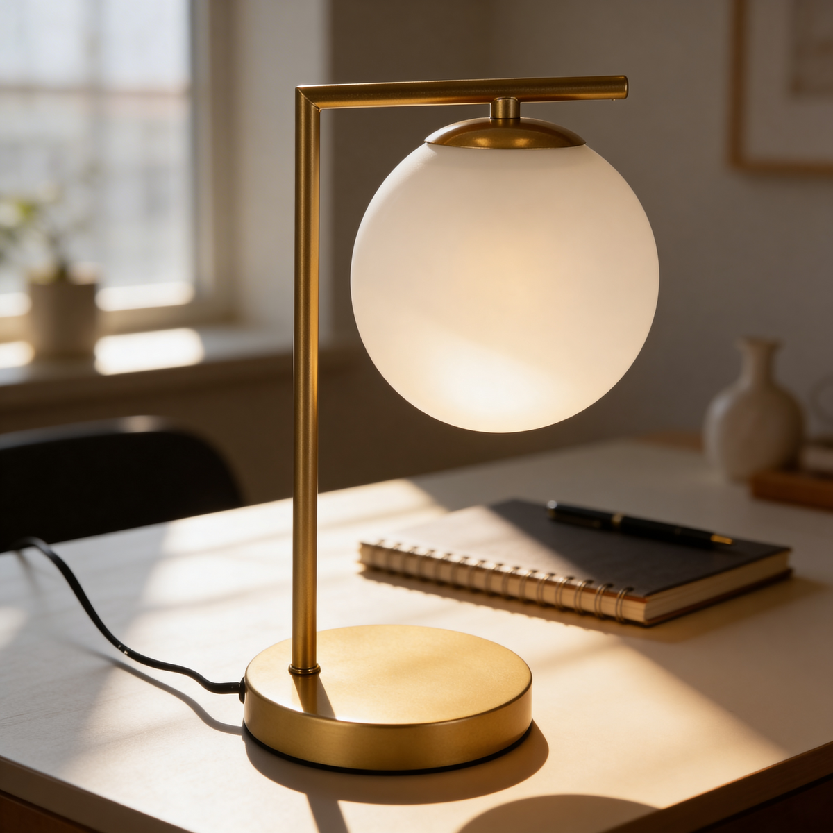 Orbitella Desk Lamp with Glass Globe, Elegant Style – Gold Metal, G9 Glass Shade – in a room setting
