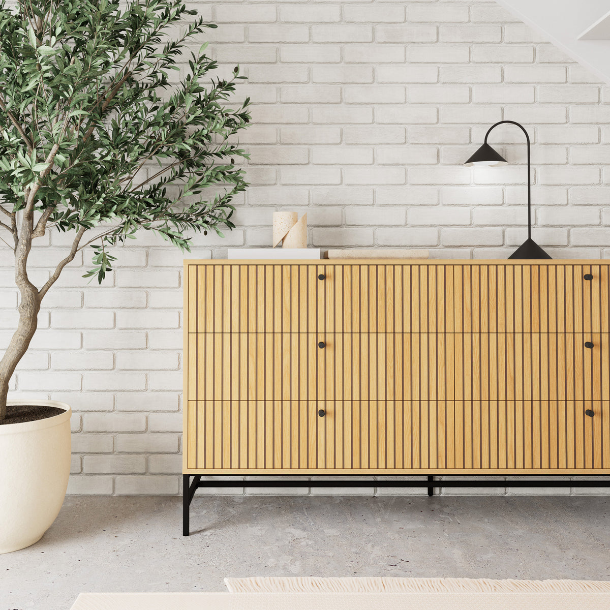 Bambouz Sideboard 158x81 with a Lamella Front, Modern Style – in a room setting