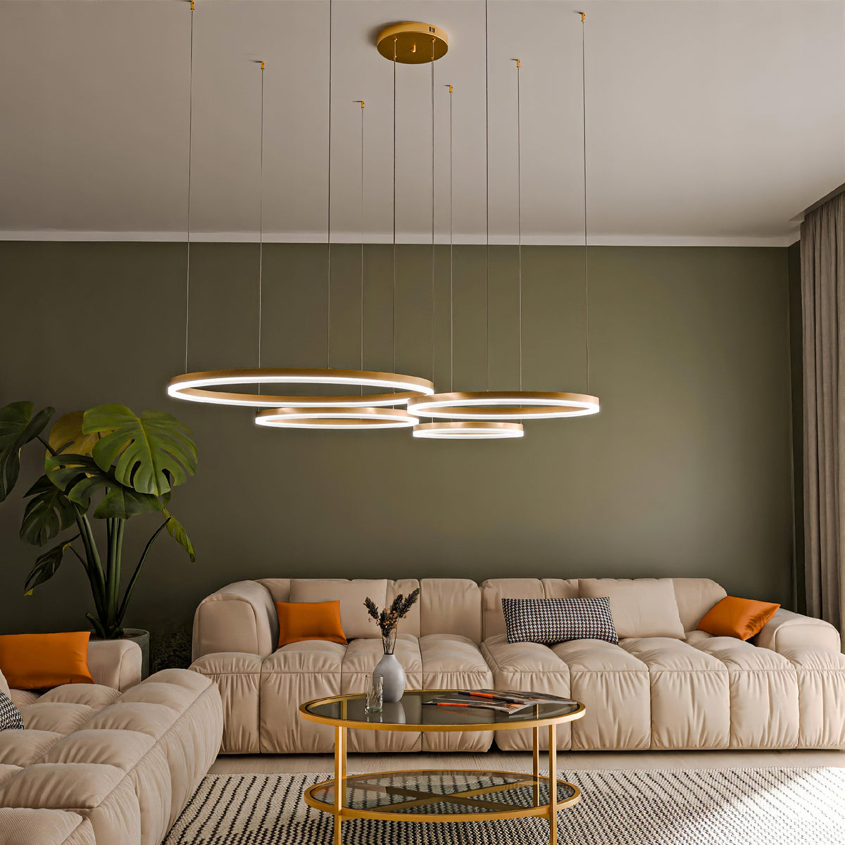 Soliva LED Pendant Lamp with Four Rings, Glamour Style – in a room setting