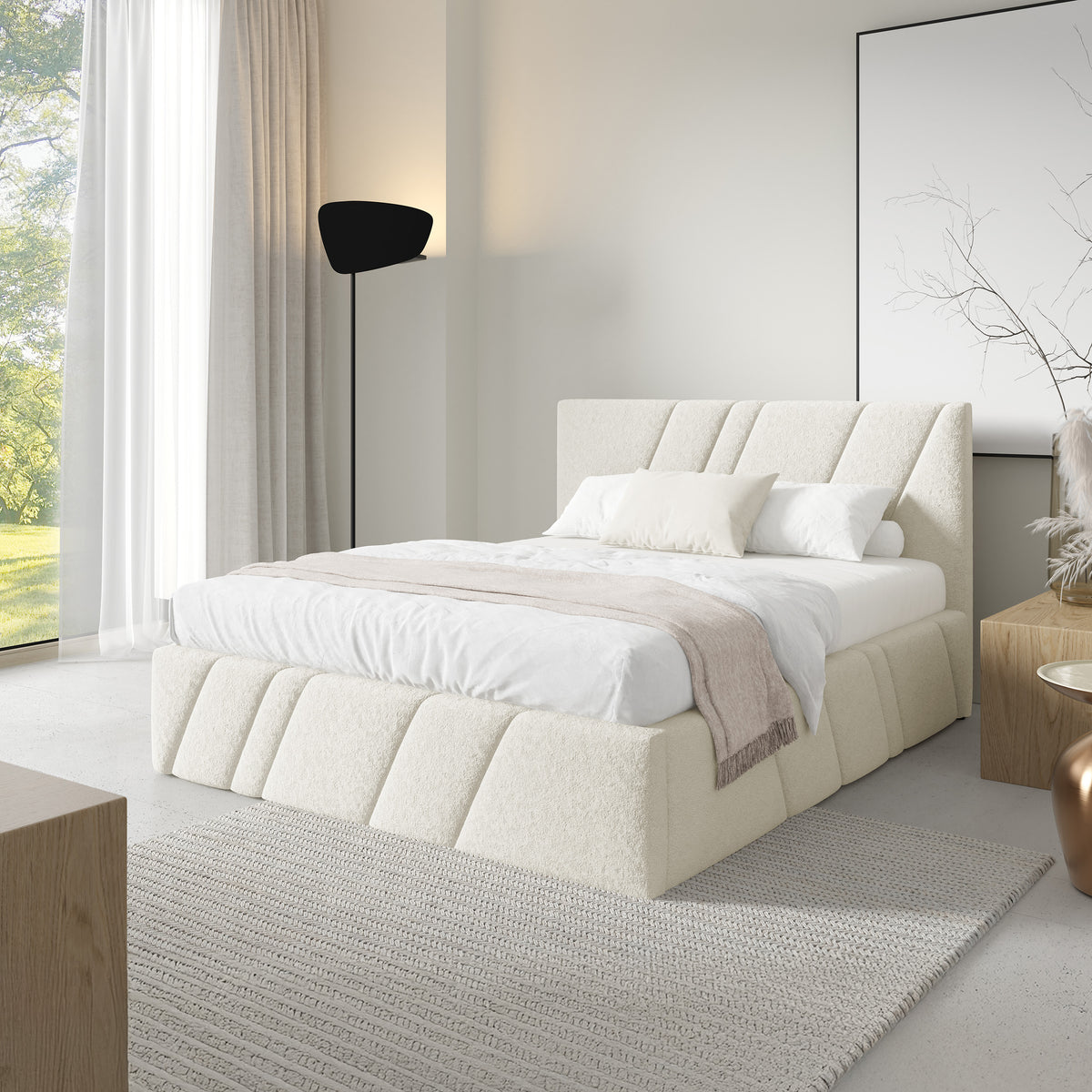 Łóżko tapicerowane Raiz 140x200, 160x200 i 180x200 pikowane z pojemnikiem w stylu nowoczesnym, tkanina Lambi – w aranżacji wnętrza