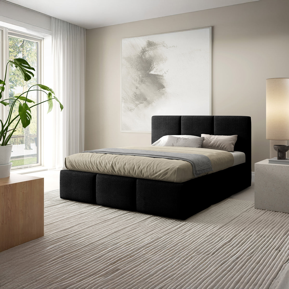 Łóżko tapicerowane Melora 140x200, 160x200 i 180x200 z pojemnikiem w stylu nowoczesnym, tkanina Coral – w aranżacji wnętrza