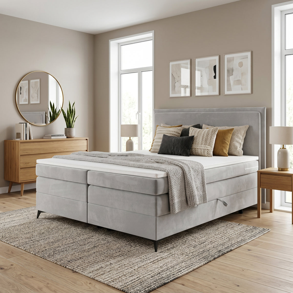 Amberi Continental Divan Bed with Two Storage Compartments and Decorative Piping 140x200, 160x200 and 180x200, Modern Style – in a room setting
