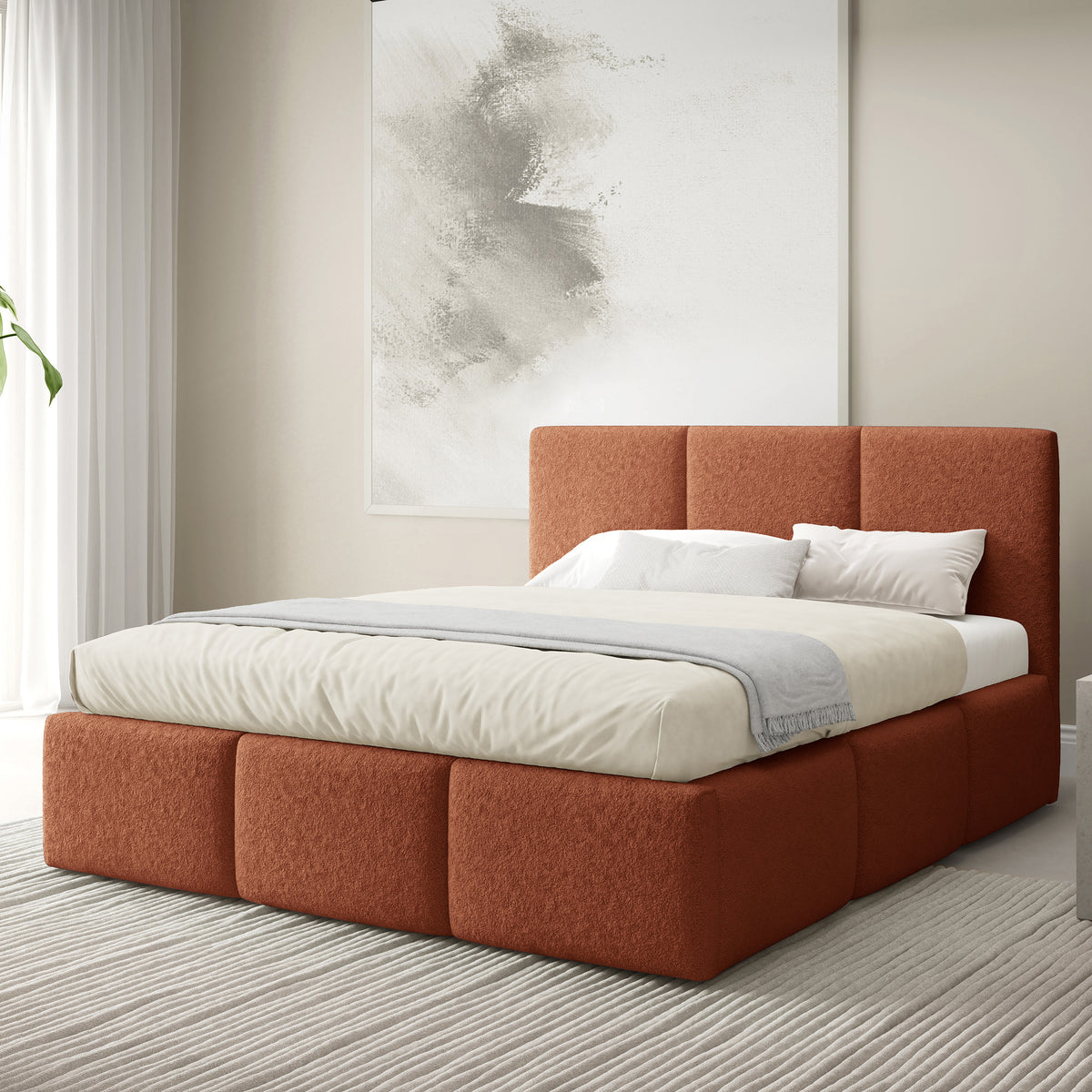 Łóżko tapicerowane Melora 140x200, 160x200 i 180x200 z pojemnikiem w stylu nowoczesnym, tkanina Lambi – w aranżacji wnętrza