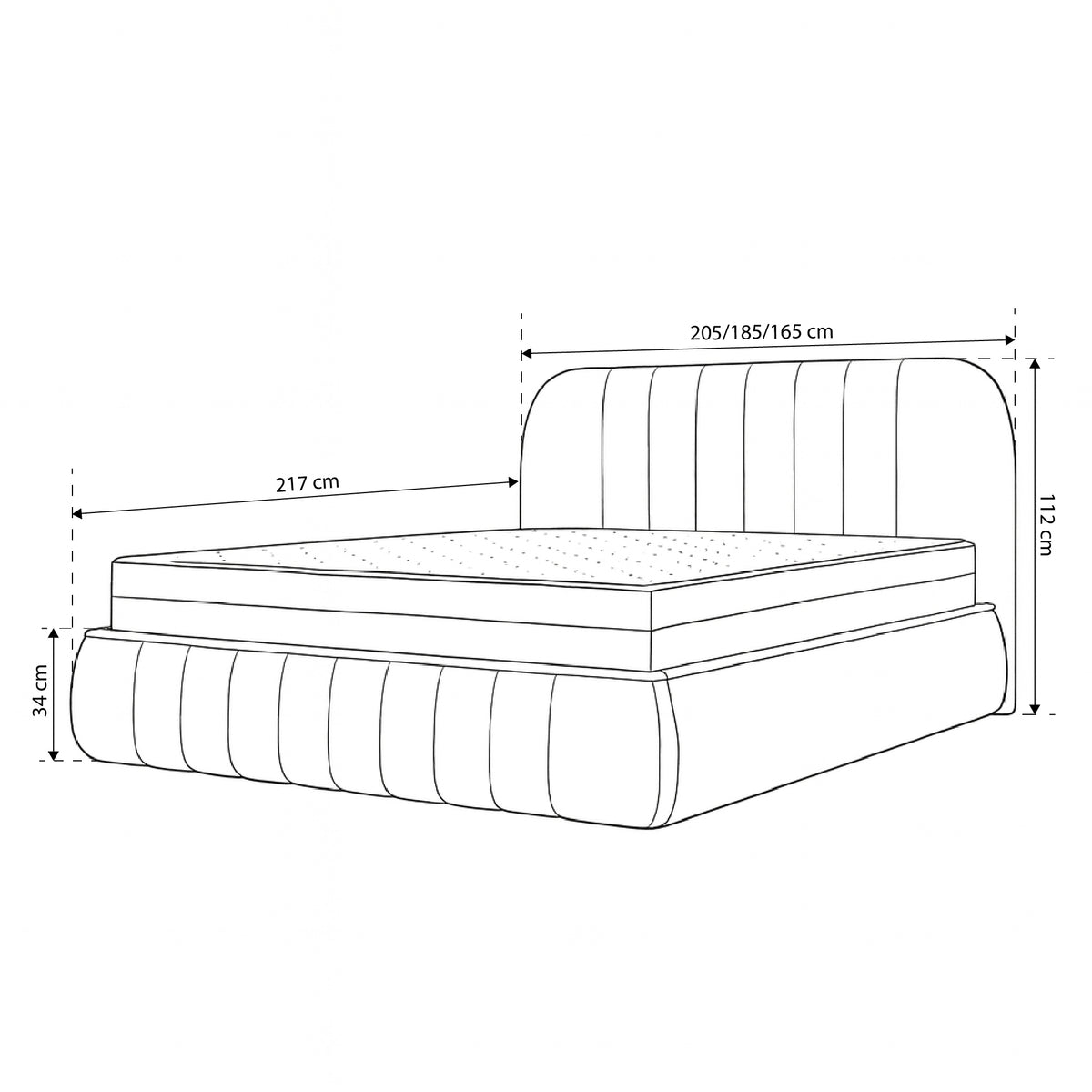 Carla Upholstered Ottoman Bed with Storage, Soft Minimalism Style – dimensions drawing