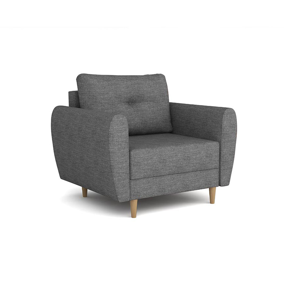 Harmi 90 cm armchair in Silver Mist (SAWANA 05) – an armchair with a quilted backrest cushion and beech legs, viewed from an angle