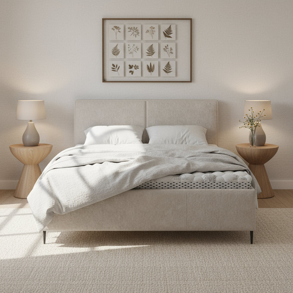 Łóżko tapicerowane Hatti 140x200, 160x200 i 180x200 z pojemnikiem w stylu minimalistycznym – w aranżacji wnętrza