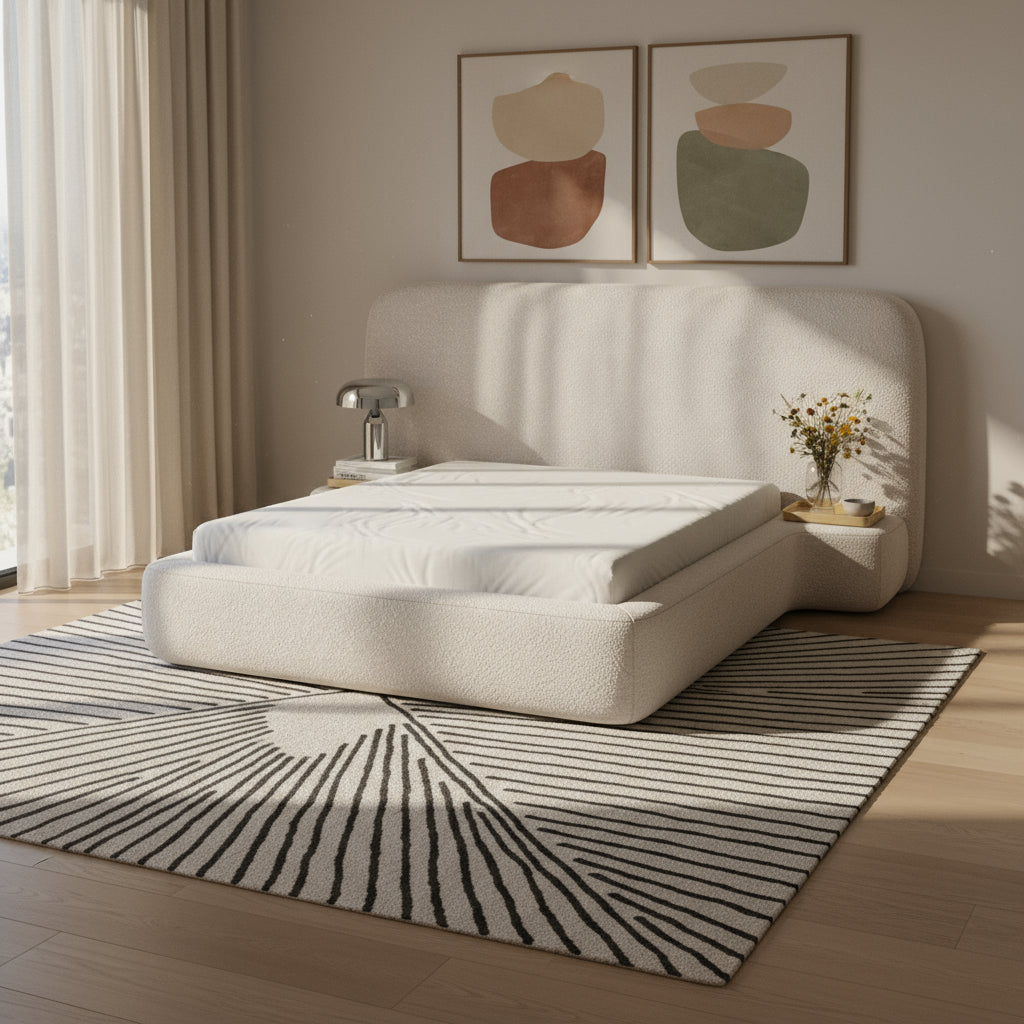 Łóżko tapicerowane Genz 140x200, 160x200 i 180x200 w stylu japandi – w aranżacji wnętrza