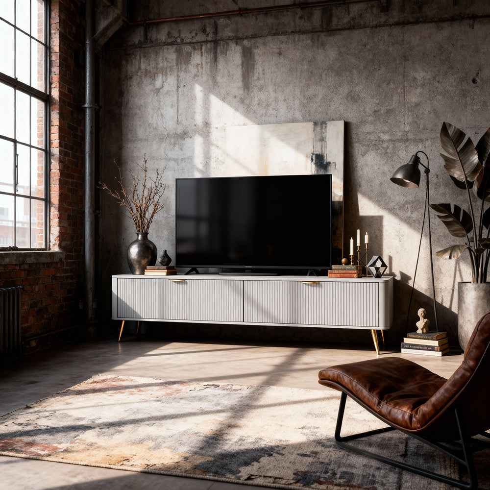 Szafka RTV pod telewizor Laanti 200x51 w stylu nowoczesnym – w aranżacji wnętrza