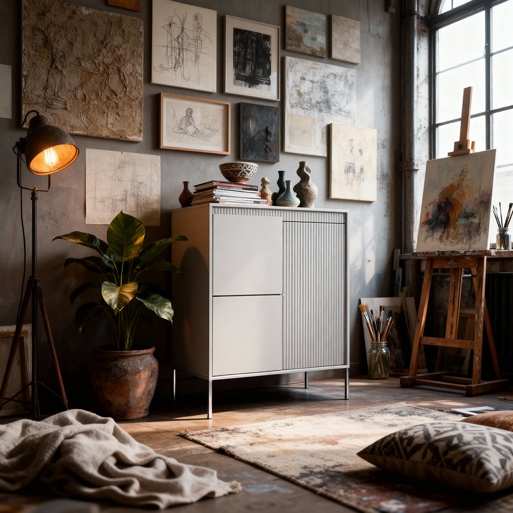 Komoda Senra 3-drzwiowa 104x123 w stylu japandi – w aranżacji wnętrza