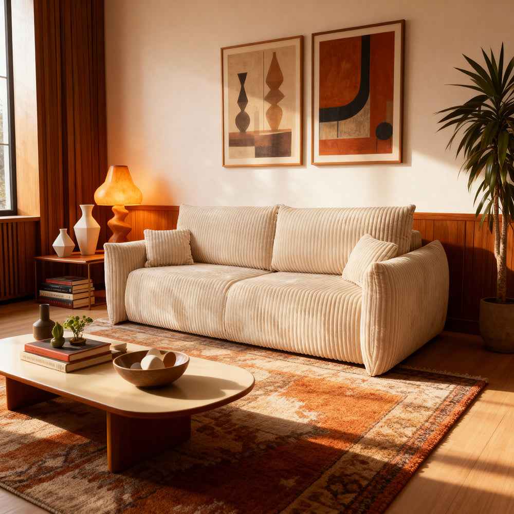 Sofa Alloro 3-osobowa, kanapa z funkcją spania 145x200 z pojemnikiem w stylu nowoczesnym – w aranżacji wnętrza