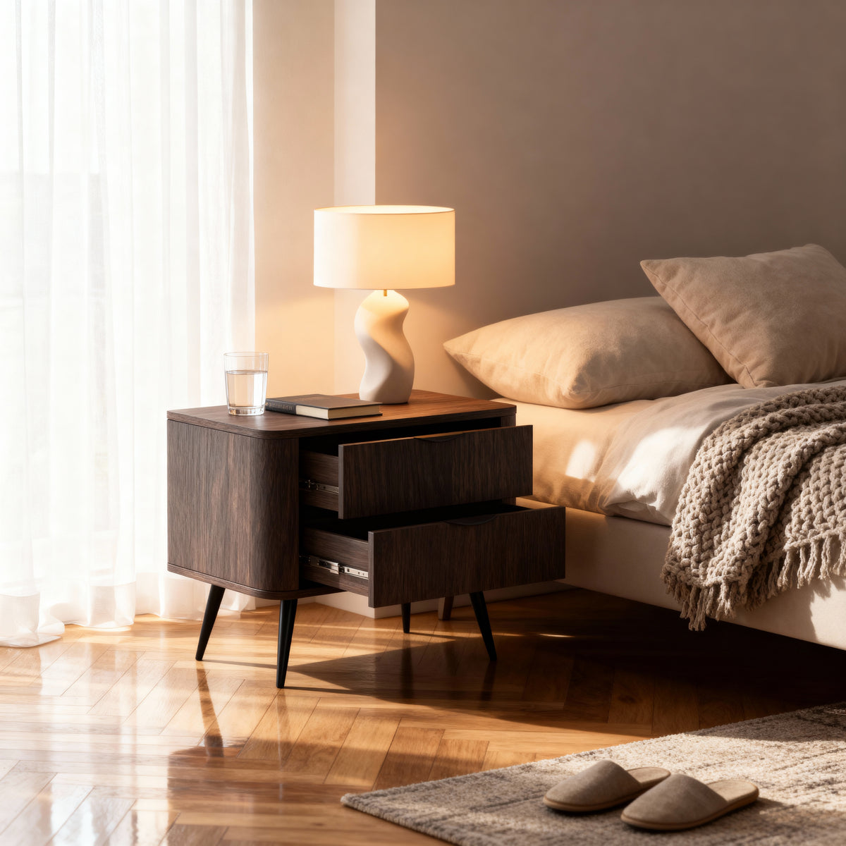 Szafka nocna Velia z 2 szufladami 63x55 cm w stylu soft loft – w aranżacji wnętrza