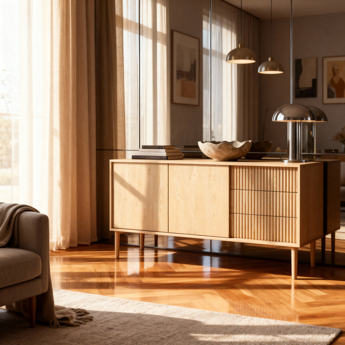 Komoda Viola 2-drzwiowa 154x80 z 3 szufladami w stylu japandi – w aranżacji wnętrza
