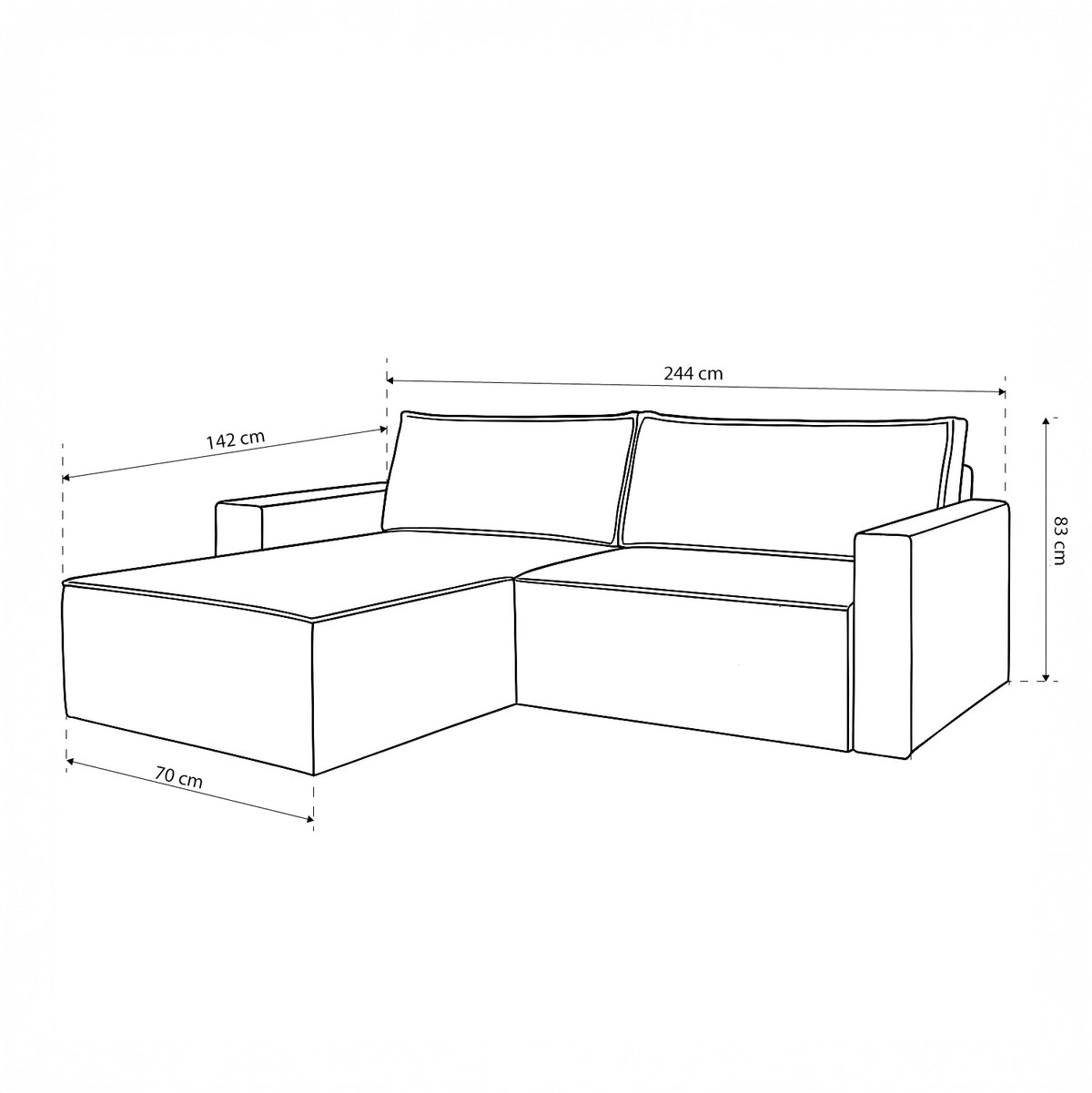 Narożnik Agi uniwersalny z funkcją spania 3-osobowy 200x142–154 w stylu loft – rysunek z wymiarami