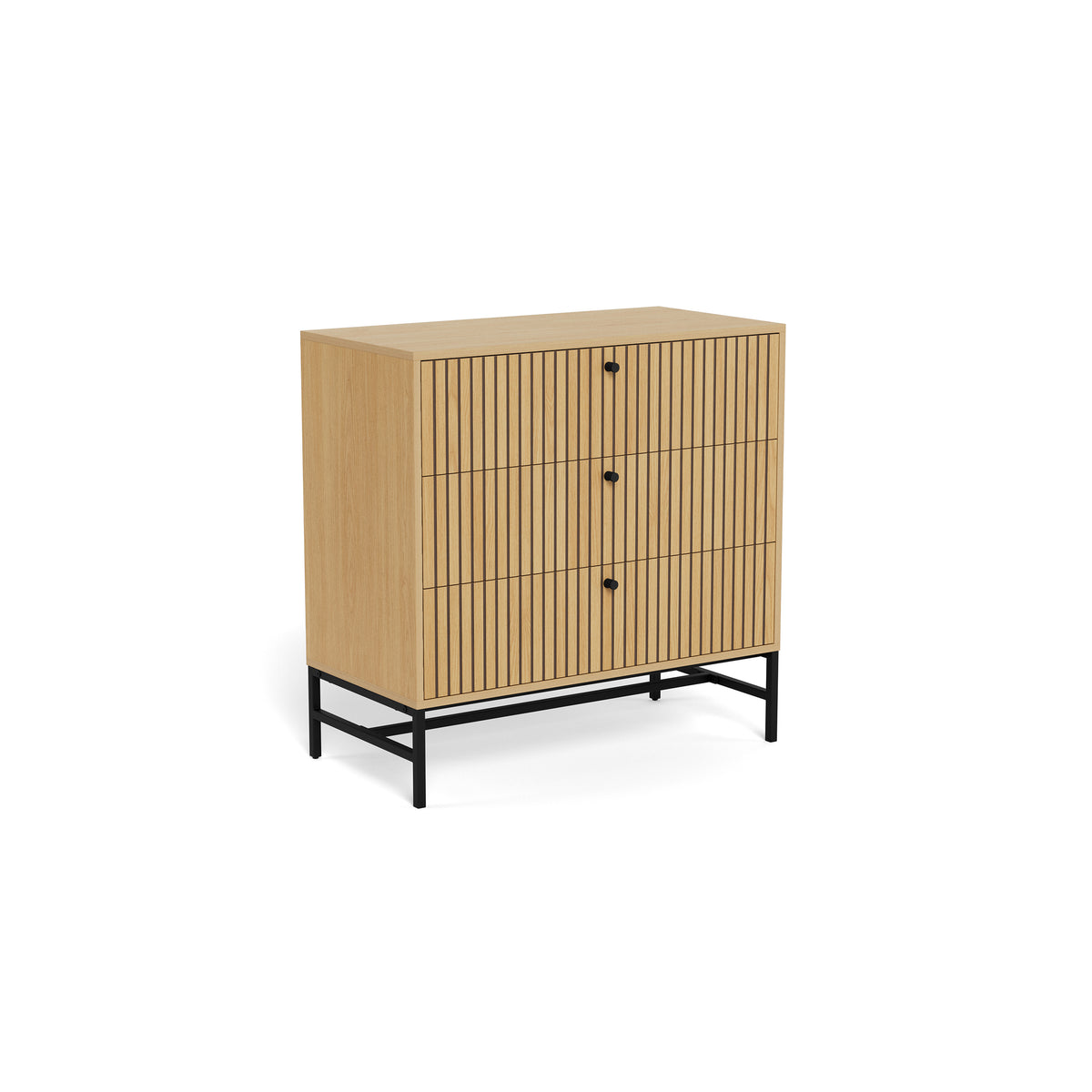 Bambouz chest of drawers, 81x81, in oak – an oblique view of the three slatted drawers and the steel base