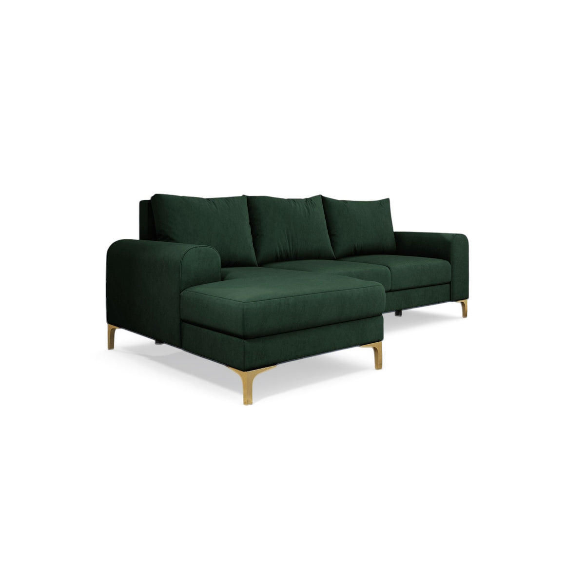 Arpelo 245x145 corner sofa left-hand Forest Moss (MANILA 35) on gold legs – a modern boho-style corner sofa