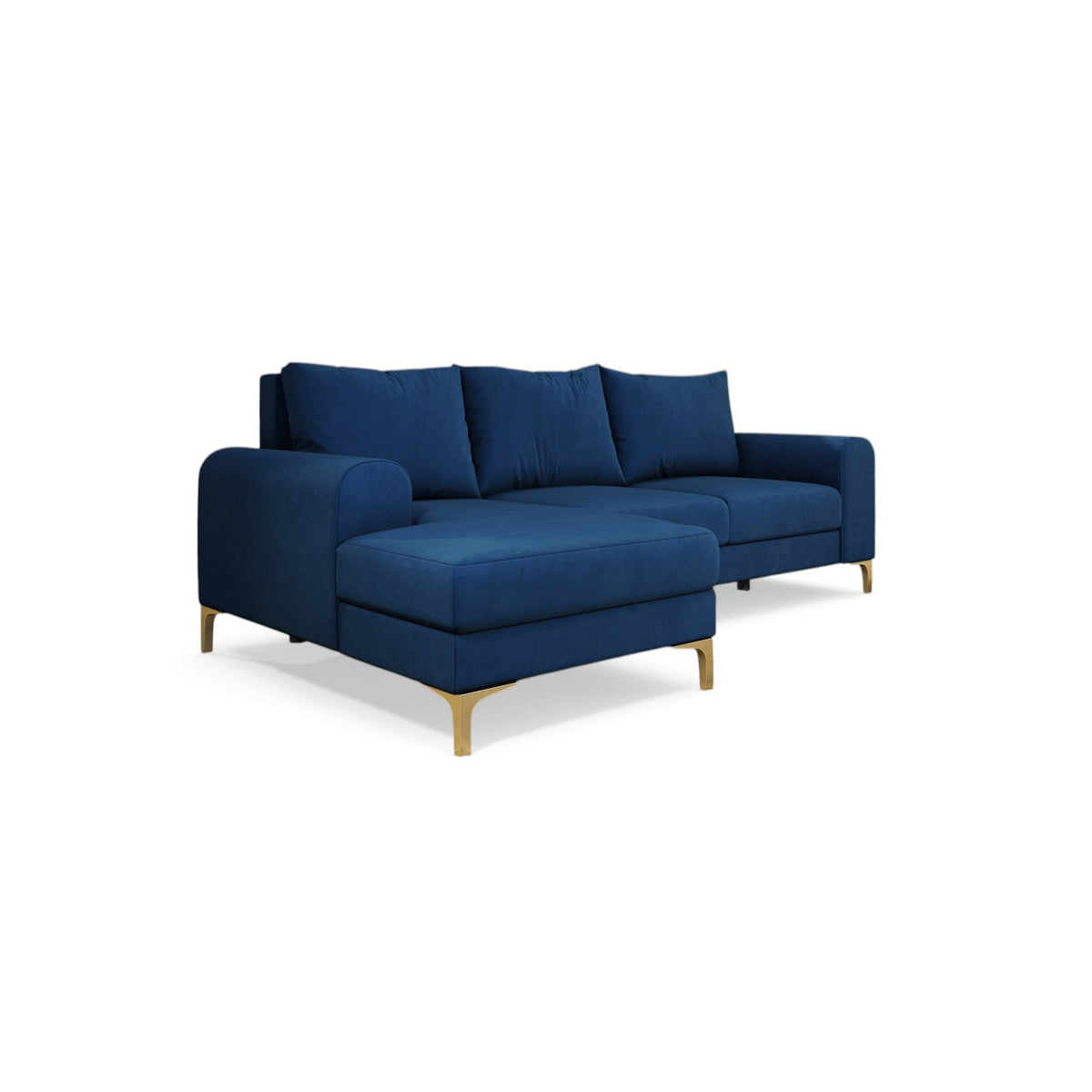 Arpelo 245x145 corner sofa left-hand Midnight Sapphire (MANILA 26) on gold legs – a corner sofa with a sleep function, viewed from an angle