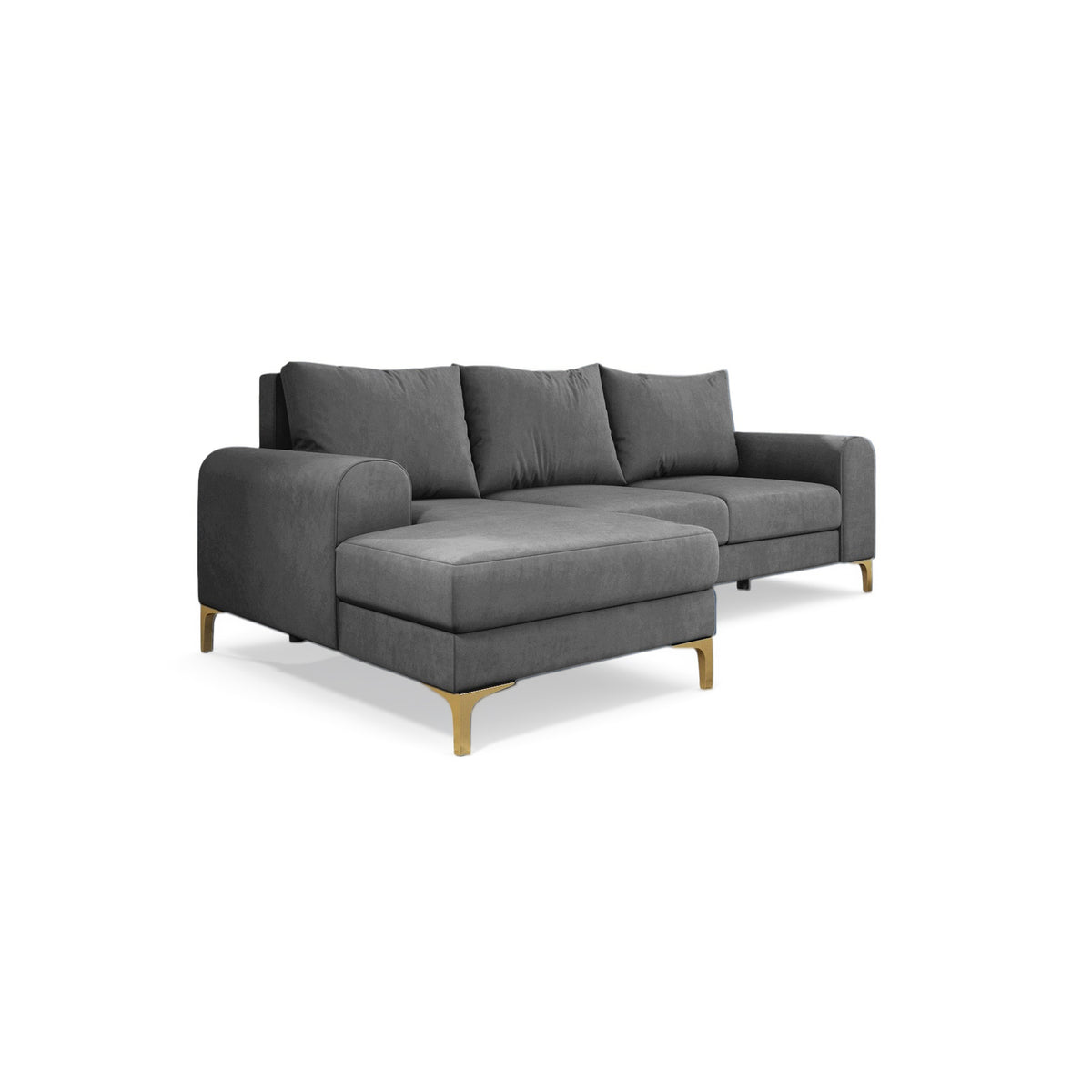 Arpelo 245x145 corner sofa left-hand Steel Grey (MANILA 16) on gold legs – a corner sofa with bedding storage