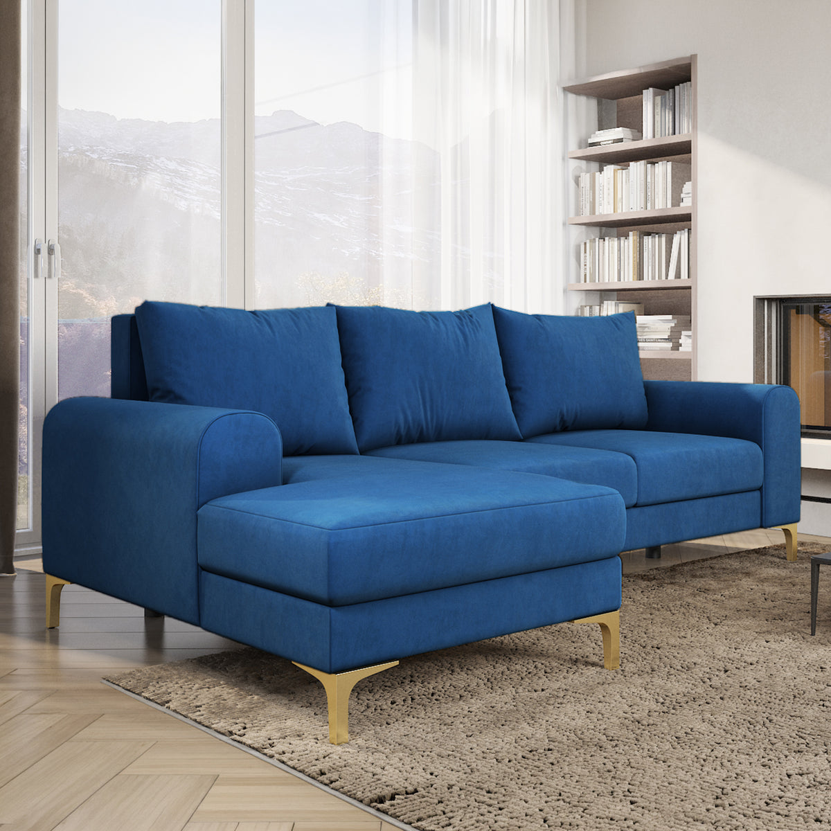 Arpelo 245x145 corner sofa Midnight Sapphire (MANILA 26) in a bright living room with a bookcase and a rug – a velour corner sofa
