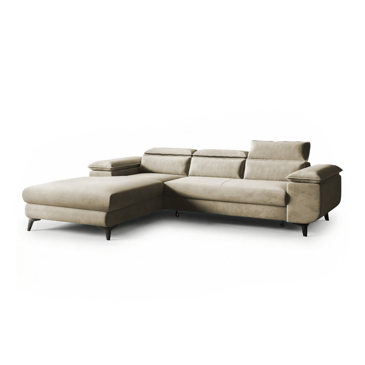 Bessi corner sofa, 276x205, left-hand, Olive Sand (MONOLITH 04) with headrests – velour corner sofa bed