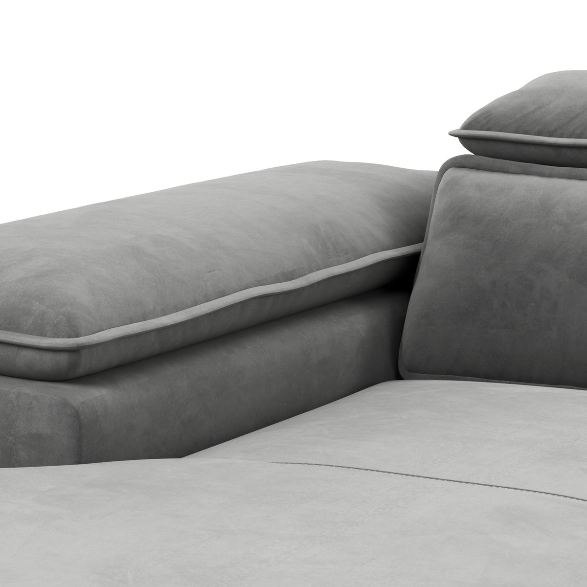 Bessi corner sofa, 276x205, Ash Mist (MONOLITH 84) – close-up of the armrest, headrest and velour upholstery