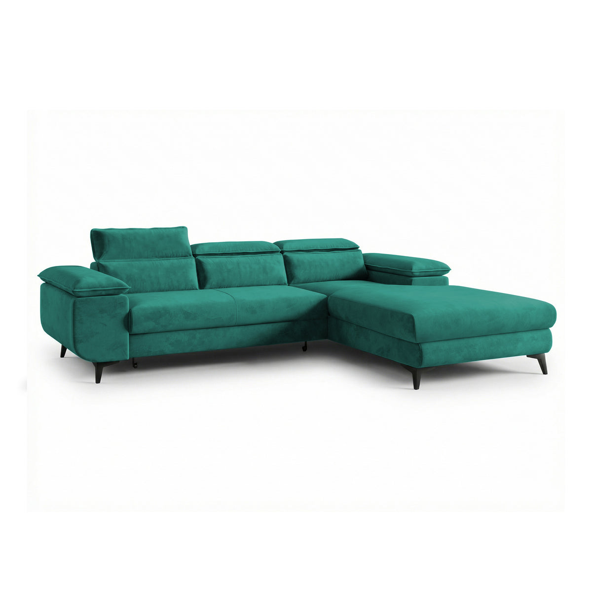 Bessi corner sofa, 276x205, right-hand, Sea Emerald (MONOLITH 37) with headrests – corner sofa with bedding storage