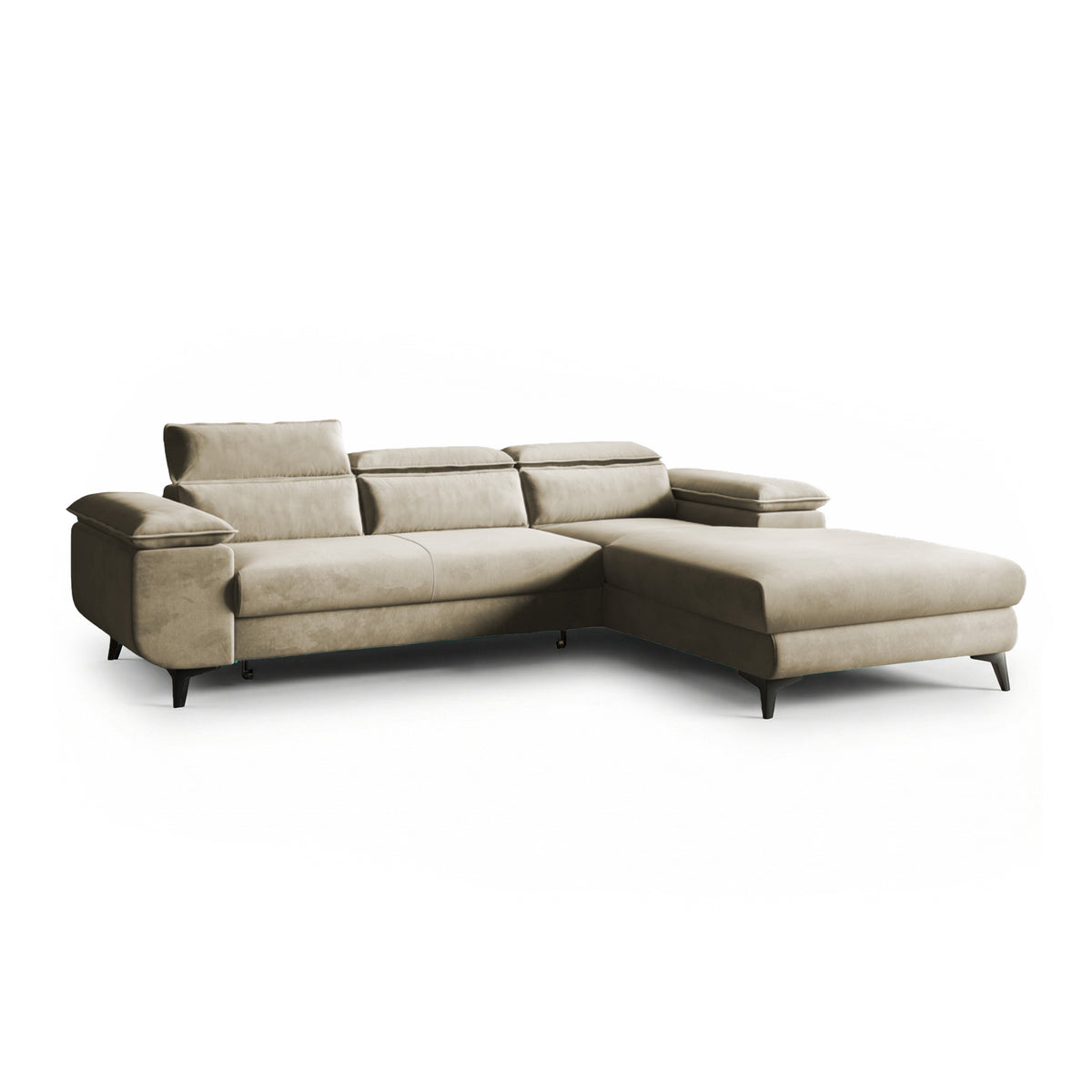 Bessi corner sofa, 276x205, right-hand, Olive Sand (MONOLITH 04) with headrests – velour corner sofa bed